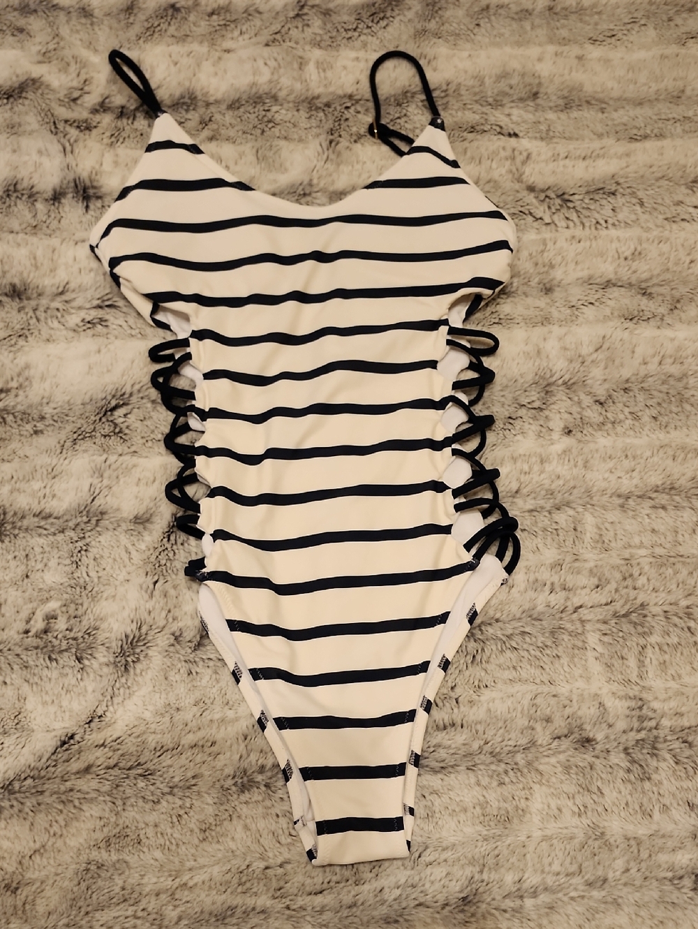 Women's Striped Navy Blue & White One-Piece Swimsuit Crisscross Side Lace Up.